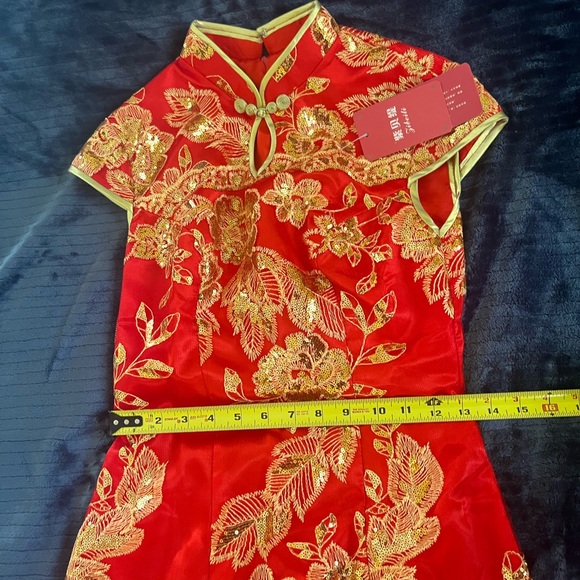 Chinese Cheongsam - Formal Red and Gold Embroidered Qipao - Picture 8 of 12